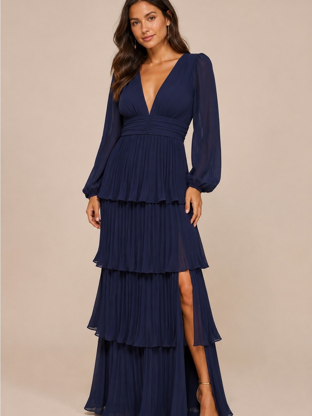 NWT Lulus Graceful Finesse Navy Blue Pleated Long Sleeve Maxi Dress, Size XS